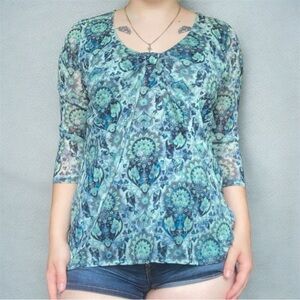 Axcess fairycore boho Blue and Green Women's 3/4 sleeve Top